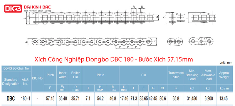 Xích Công Nghiệp Dongbo DBC 180 - Bước Xích 57.15mm
