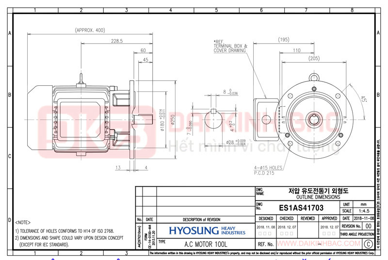 Motor Điện 3 Pha 1.5KW- 2HP 6P 6 Cực - Hyosung Hàn Quốc