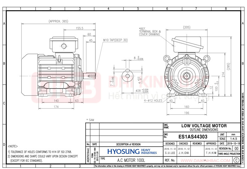 Motor Điện 3 Pha 1.5KW- 2HP 6P 6 Cực - Hyosung Hàn Quốc