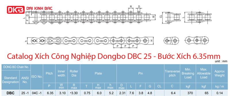 Xích Công Nghiệp Dongbo DBC 25 - Bước Xích 6.35mm
