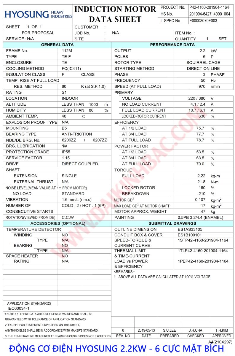 thong so dien dong co hyosung 2.2kw 6 cuc mat bich