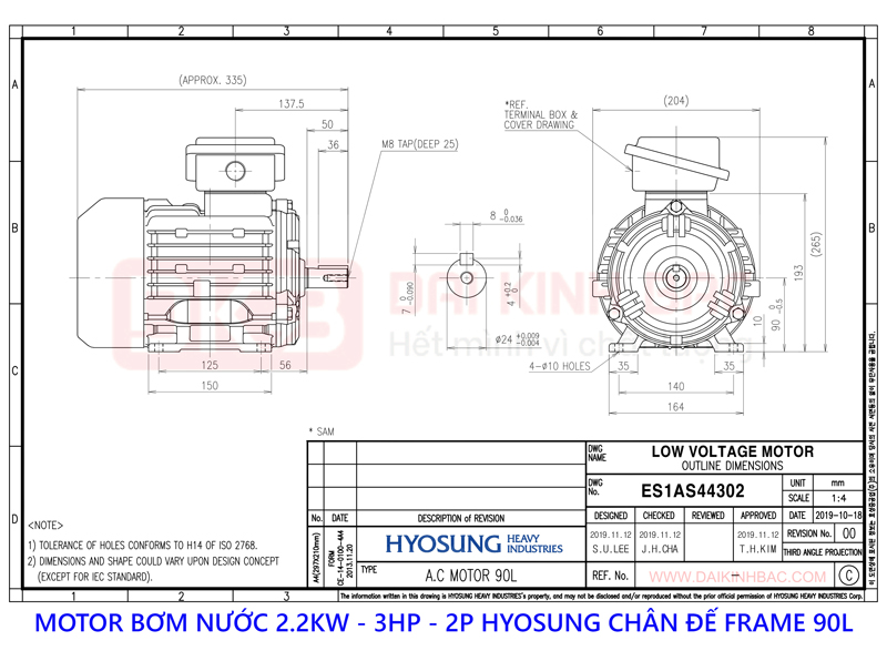 motor bom nuoc 2.2kw hyosung chan de 2P