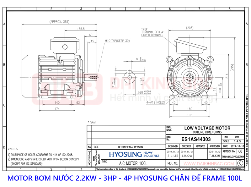 motor bom nuoc 2.2kw hyosung chan de 4P