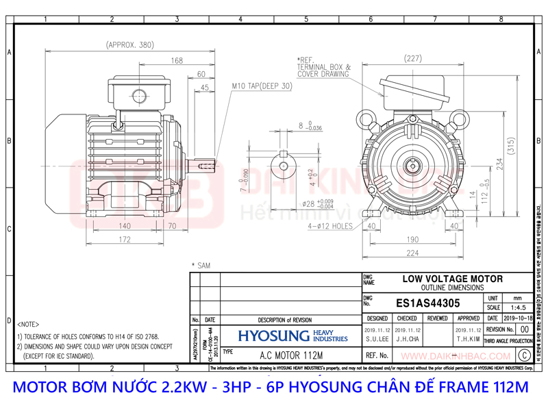 motor bom nuoc 3kw hyosung 6P chan de