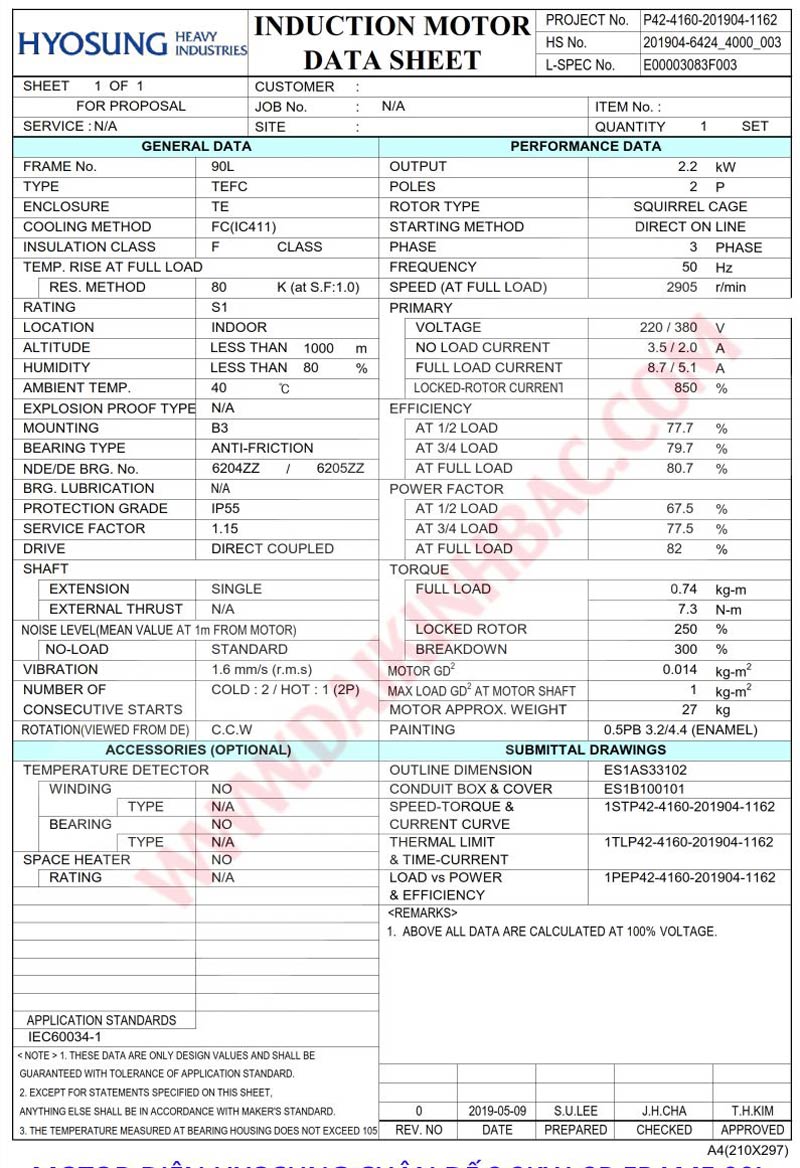 động cơ bơm nước 2.2kw 3hp hyosung hàn quốc