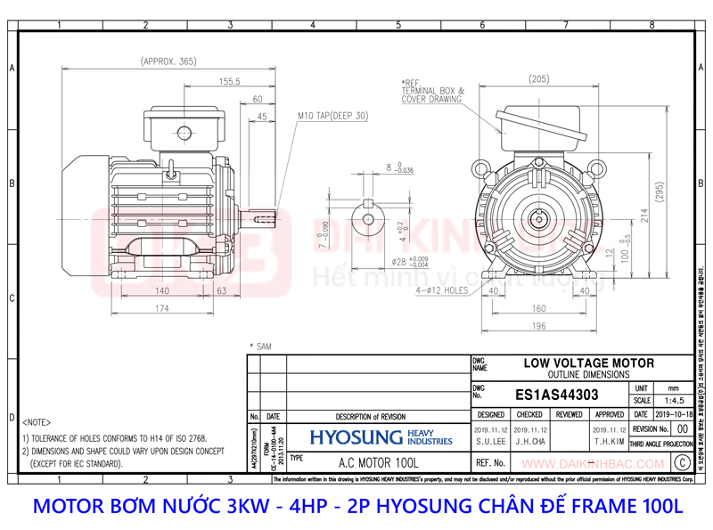 ban ve motor bom nuoc 3kw hyosung 2P chan de