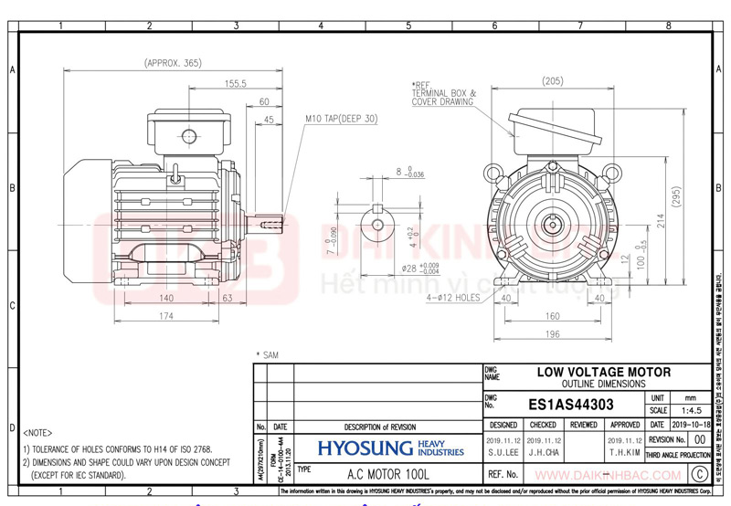 động cơ bơm nước 2.2kw 3hp hyosung hàn quốc