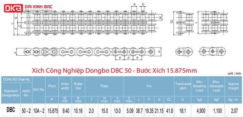 Xích Công Nghiệp Dongbo DBC 50 - Bước Xích 15.875mm
