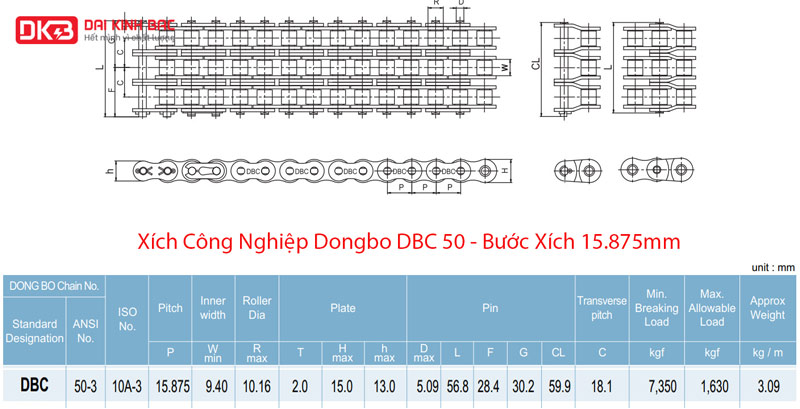 Xích Công Nghiệp Dongbo DBC 50 - Bước Xích 15.875mm
