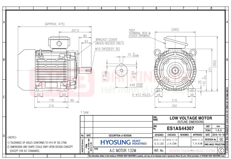 Motor Điện 3 Pha 5.5KW- 7.5HP 6P 6 Cực - Hyosung Hàn Quốc