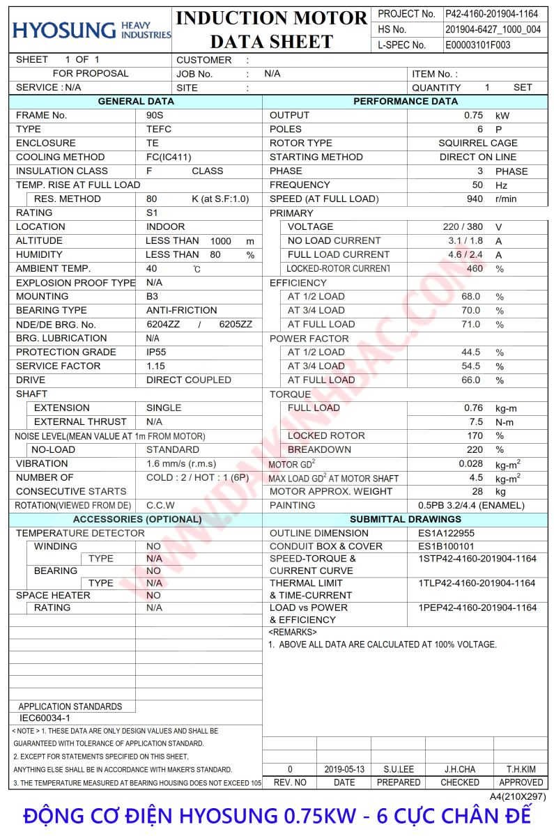 thong so dien dong co dien hyosung 0.75kw mat bich 6 cuc