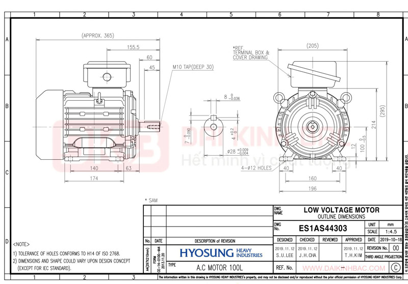 động cơ bơm nước 1.5kw 2hp hyosung hàn quốc