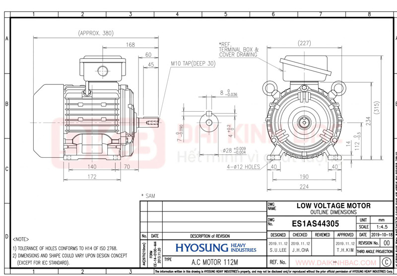 động cơ bơm nước 2.2kw 3hp hyosung hàn quốc