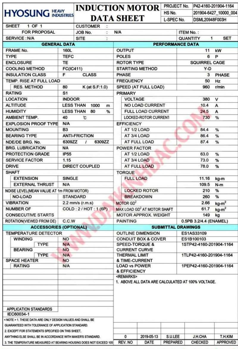 động cơ bơm nước 11kw 15hp hyosung hàn quốc