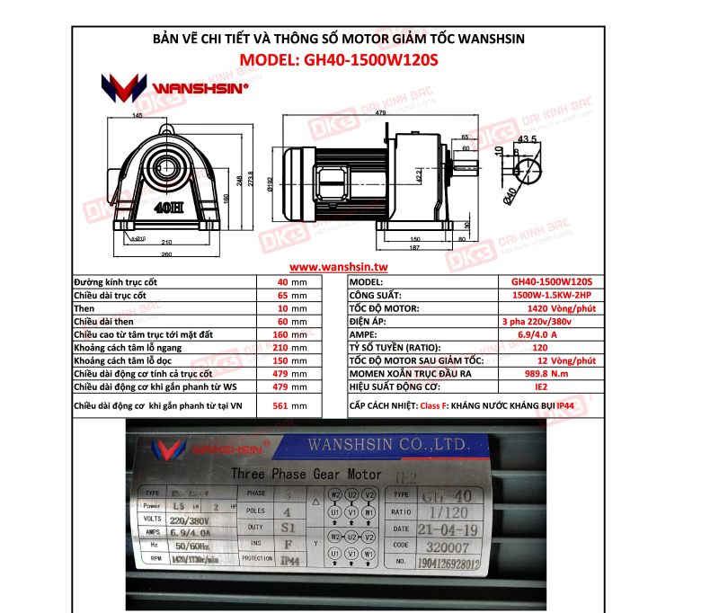 động cơ giảm tốc chân đế wanshsin gh40-1500w-120s