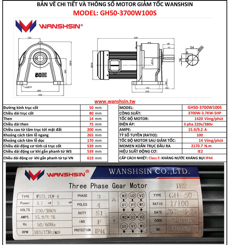Động Cơ Giảm Tốc Chân Đế Wanshsin GH50-3700W-100S