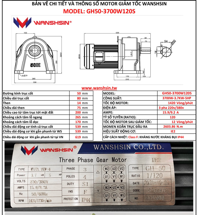 Động Cơ Giảm Tốc Chân Đế Wanshsin GH50-3700W-120S