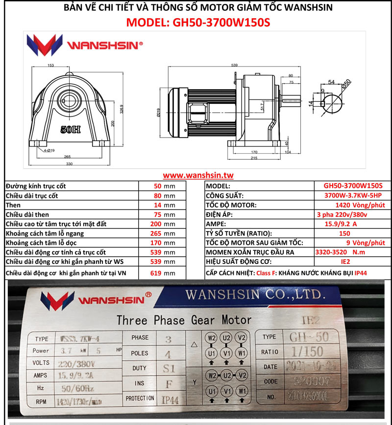 Động Cơ Giảm Tốc Chân Đế Wanshsin GH50-3700W-150S