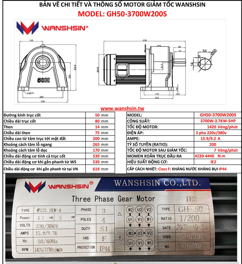 Động Cơ Giảm Tốc Chân Đế Wanshsin GH50-3700W-200S