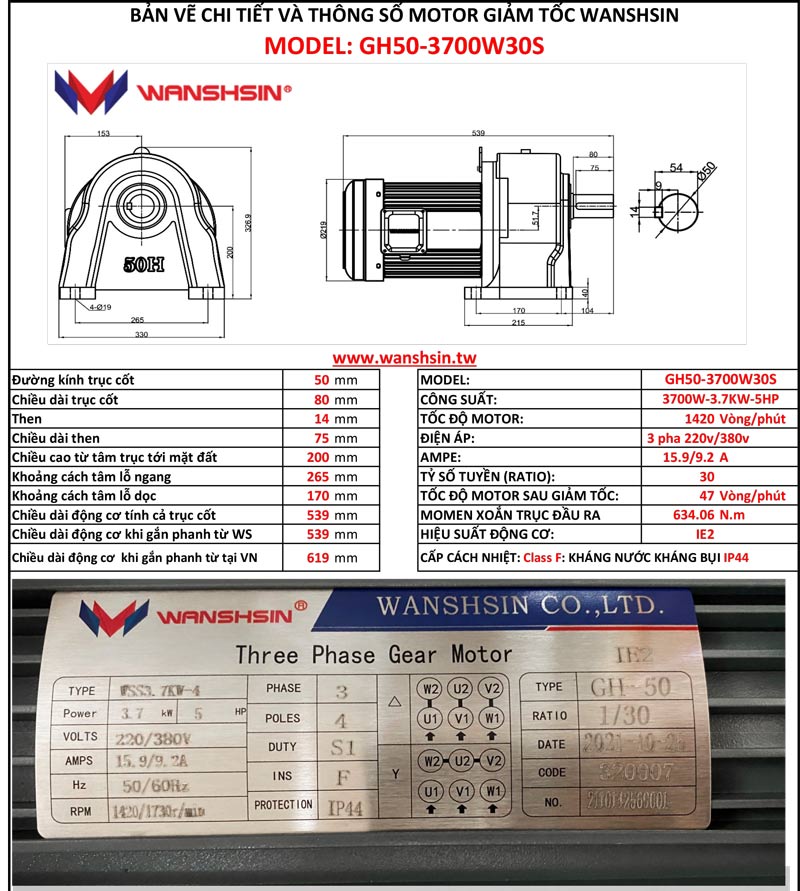 Động Cơ Giảm Tốc Chân Đế Wanshsin GH50-3700W-30S