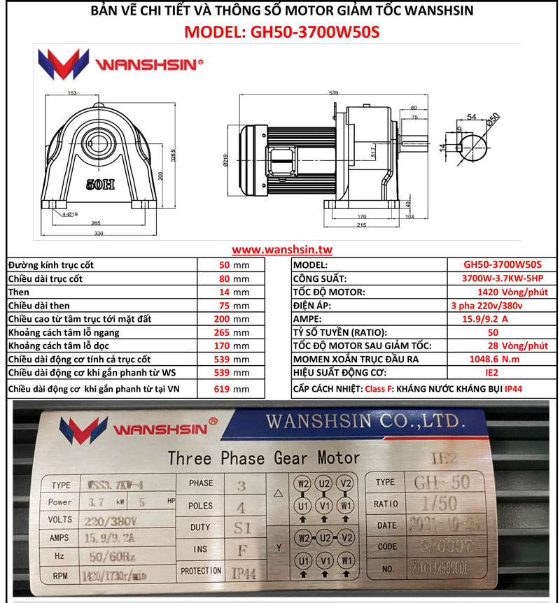 Động Cơ Giảm Tốc Chân Đế Wanshsin GH50-3700W-50S