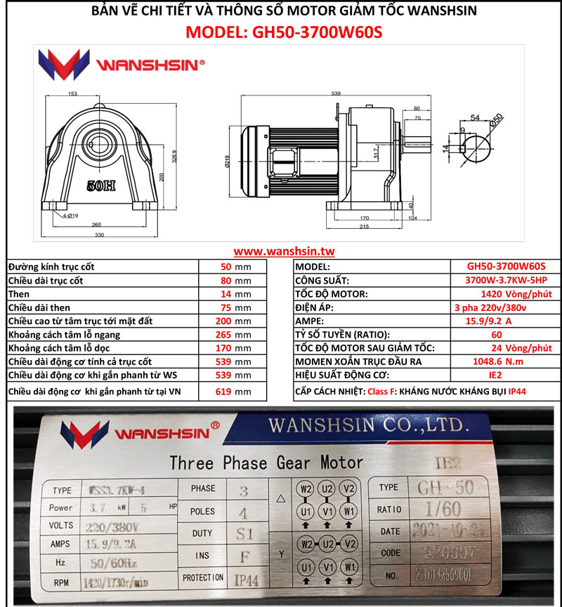 Động Cơ Giảm Tốc Chân Đế Wanshsin GH50-3700W-60S
