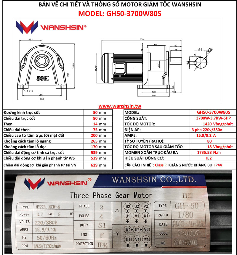 Động Cơ Giảm Tốc Chân Đế Wanshsin GH50-3700W-80S