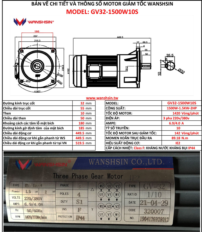 Động Cơ Giảm Tốc Mặt Bích Wanshsin GV32-1500W-10S