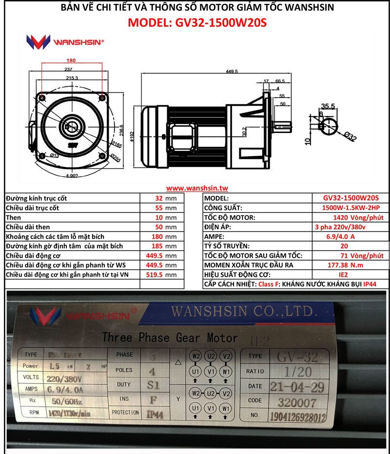Động Cơ Giảm Tốc Mặt Bích Wanshsin GV32-1500W-20S