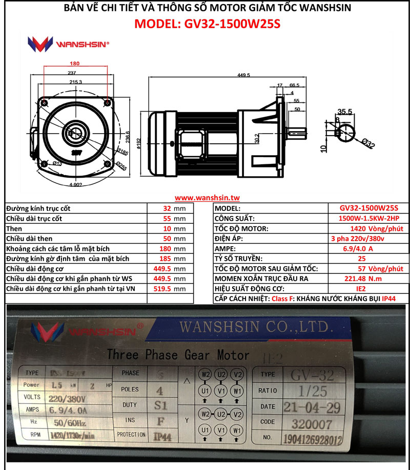 Động Cơ Giảm Tốc Mặt Bích Wanshsin GV32-1500W-25S