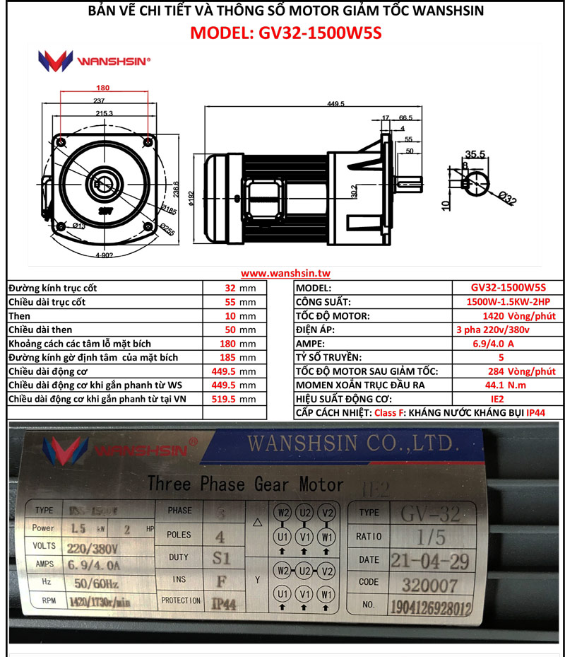 Động Cơ Giảm Tốc Mặt Bích Wanshsin GV32-1500W-5S