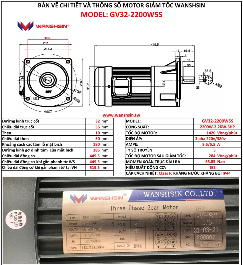 động cơ giảm tốc mặt bích wanshsin gv32-2200w-5s