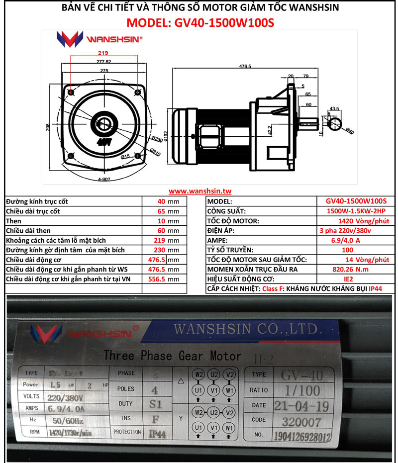 Động Cơ Giảm Tốc Mặt Bích Wanshsin GV40-1500W-100S