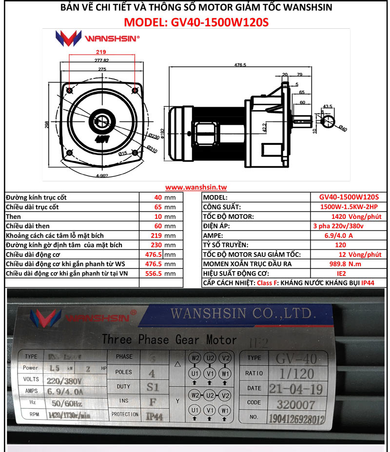 Động Cơ Giảm Tốc Mặt Bích Wanshsin GV40-1500W-120S