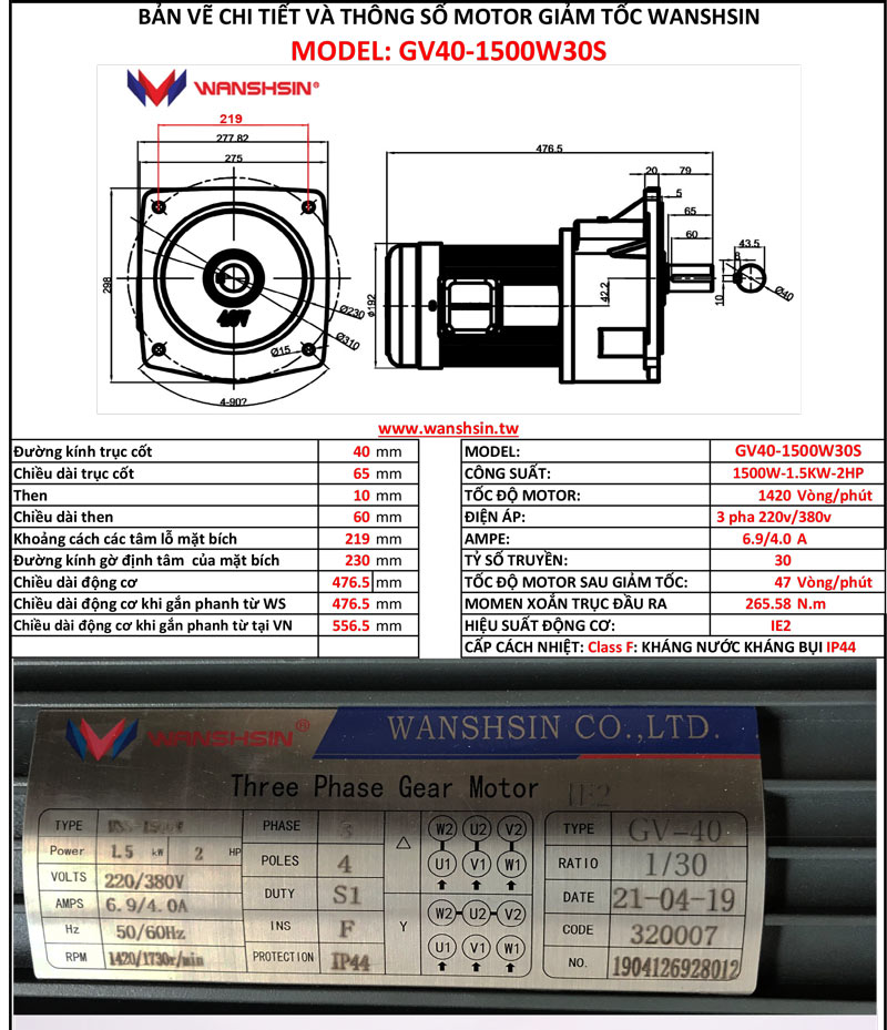 Động cơ giảm tốc mặt bích wanshsin gv40-1500w-30s