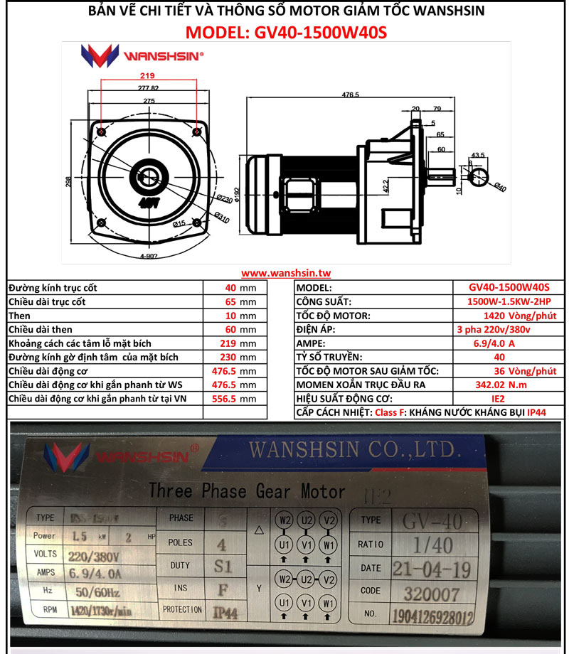 Động cơ giảm tốc mặt bích wanshsin gv40-1500w-40s
