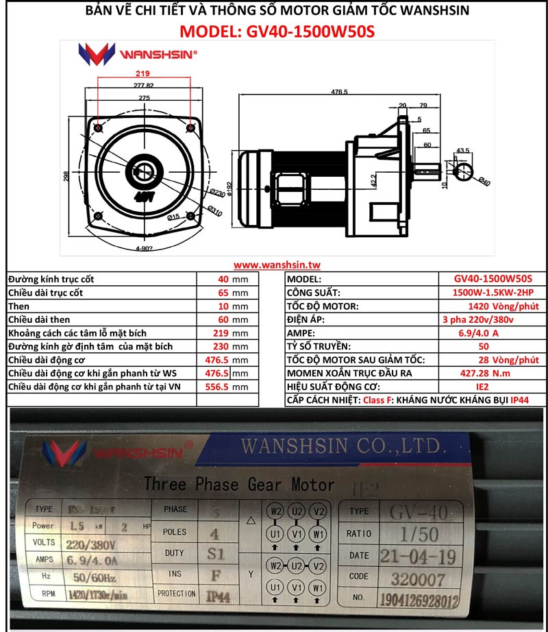 Động cơ giảm tốc mặt bích wanshsin gv40-1500w-50s
