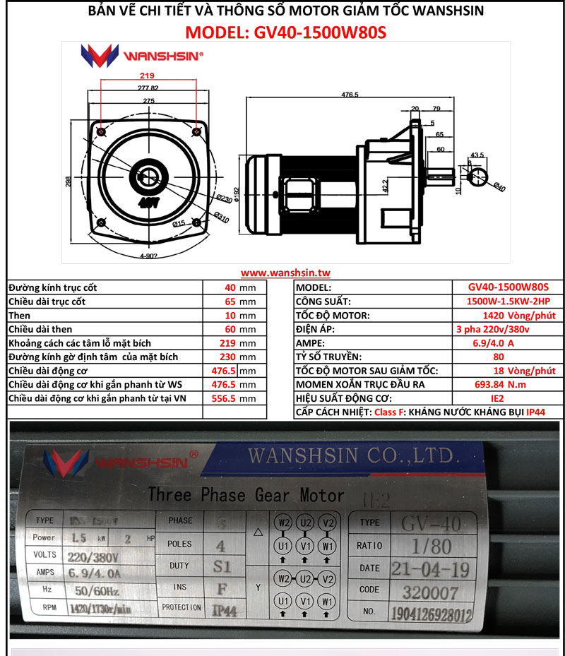 Động Cơ Giảm Tốc Mặt Bích Wanshsin GV40-1500W-80S