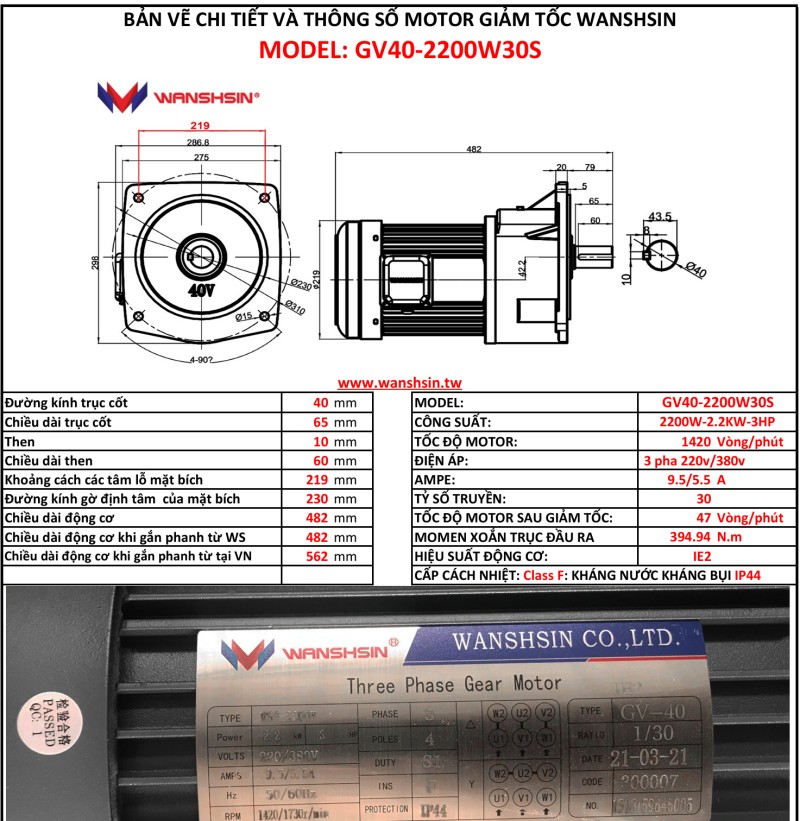 Động Cơ Giảm Tốc Mặt Bích Wanshsin GV40-2200W-30S