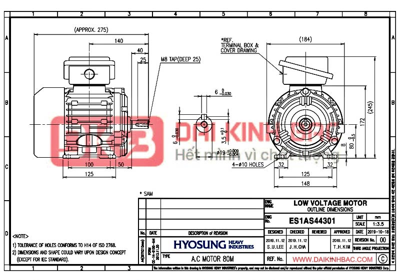 động cơ bơm nước 0.75kw 1hp hyosung hàn quốc