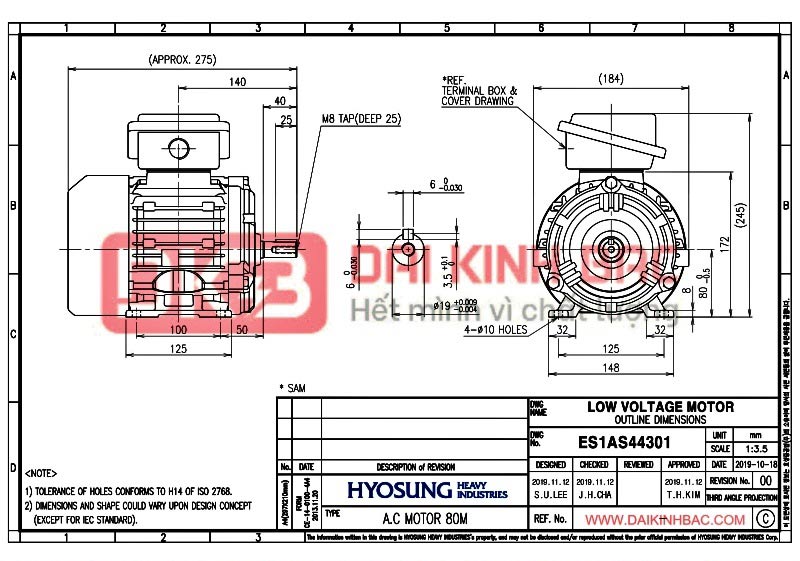 động cơ bơm nước 0.75kw 1hp hyosung hàn quốc