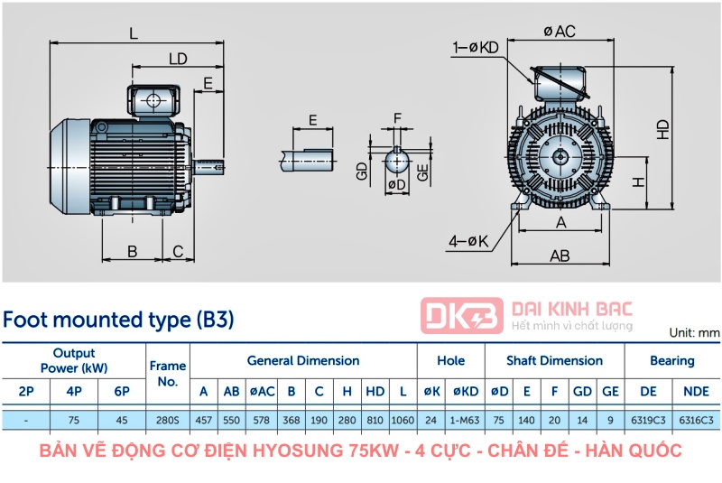 Động cơ điện Hyosung 75KW - 100HP 4P 4 Cực - Hàn Quốc
