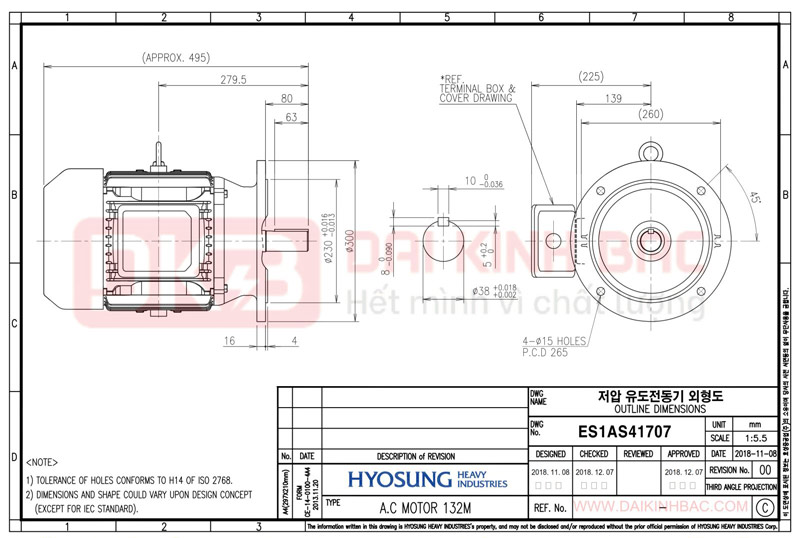 Motor Điện 3 Pha 5.5KW- 7.5HP 6P 6 Cực - Hyosung Hàn Quốc