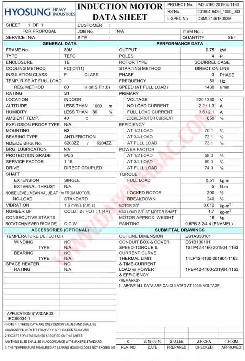 động cơ bơm nước 0.75kw 1hp hyosung hàn quốc