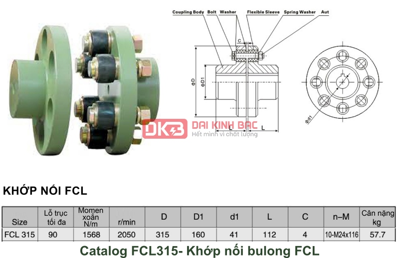 bản vẽ thông số chi tiết khớp nối Bulong FCL315