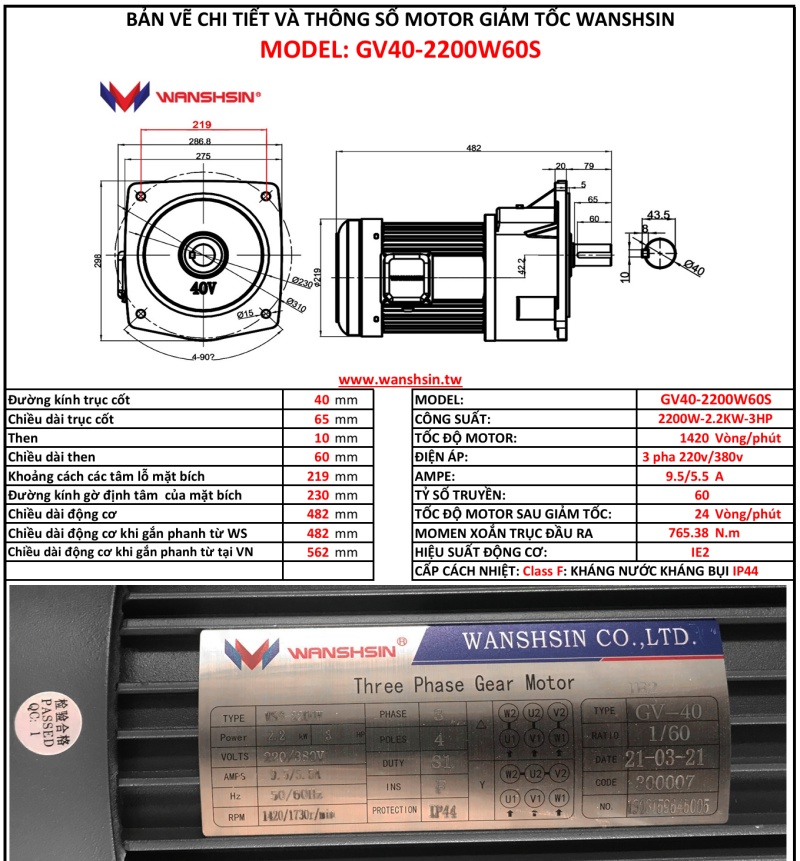 Động Cơ Giảm Tốc Mặt Bích Wanshsin GV40-2200W-60S