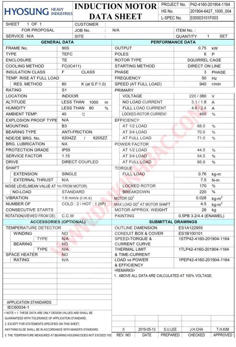 động cơ bơm nước 0.75kw 1hp hyosung hàn quốc