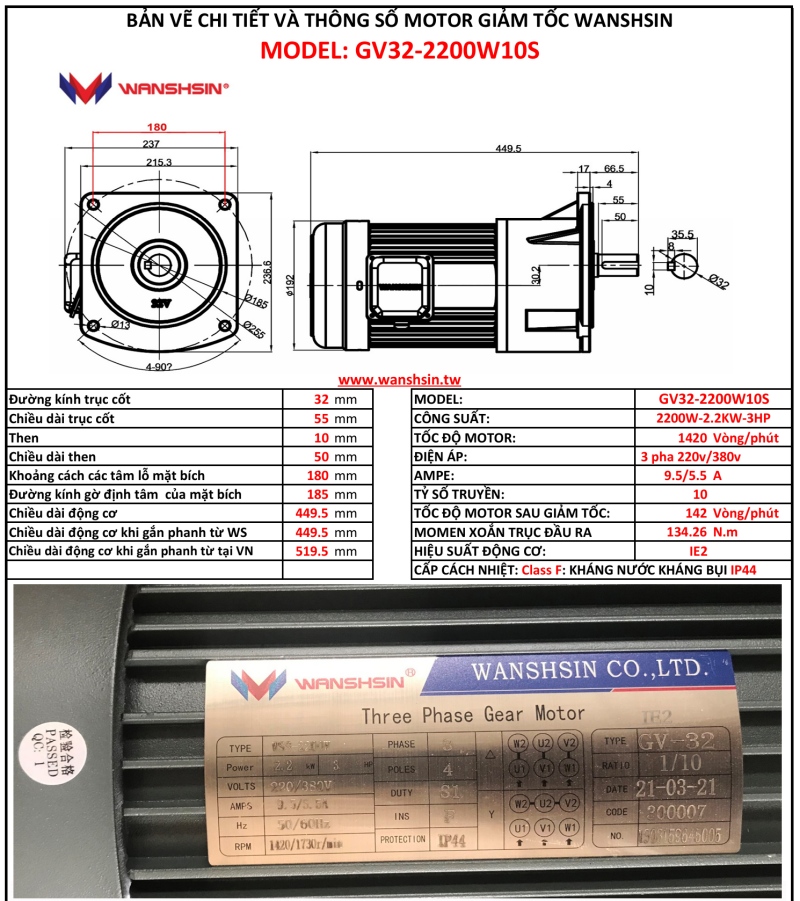 Động Cơ Giảm Tốc Mặt Bích Wanshsin GV32-2200W-10S