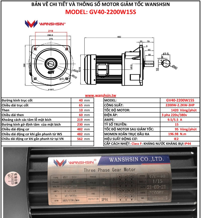 Động Cơ Giảm Tốc Mặt Bích Wanshsin GV40-2200W-15S