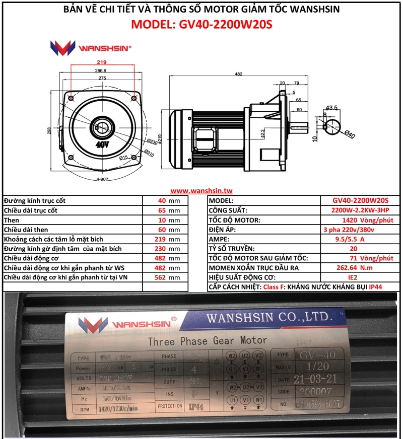 Động Cơ Giảm Tốc Mặt Bích Wanshsin GV40-2200W-20S